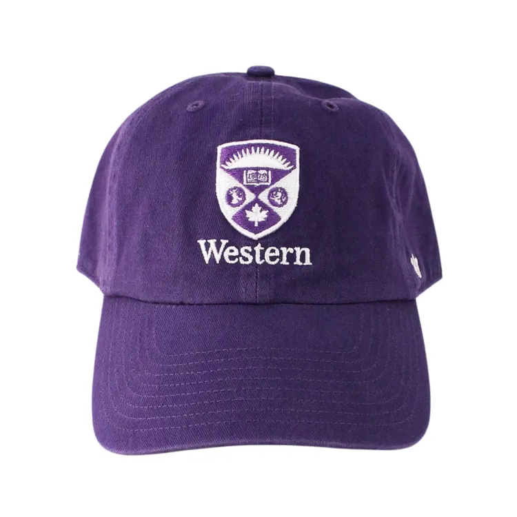 Purple adjustable hat with 'Western' and stacked crest embroidered in white and purple. Adjustable tuck strap with snap closure. Made with 100% cotton. One size.