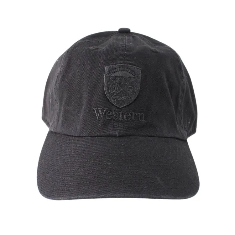 Black hat with 'Western' and stacked crest embroidered in black on front. Adjustable tuck strap with snap closure. Made with 100% cotton. One size.