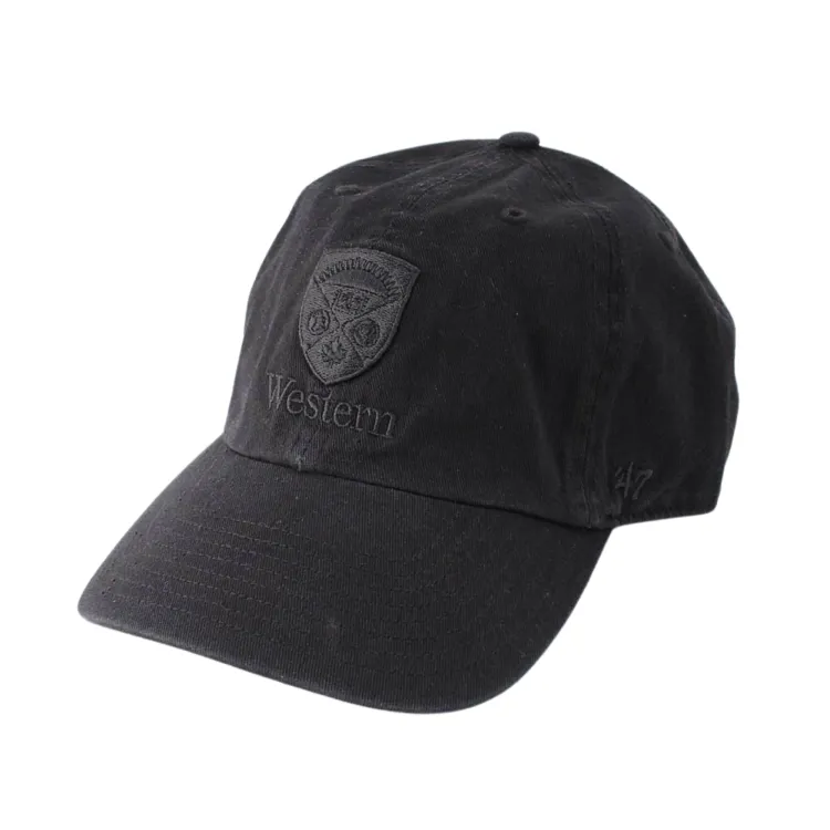 Black hat with 'Western' and stacked crest embroidered in black on front. Adjustable tuck strap with snap closure. Made with 100% cotton. One size.