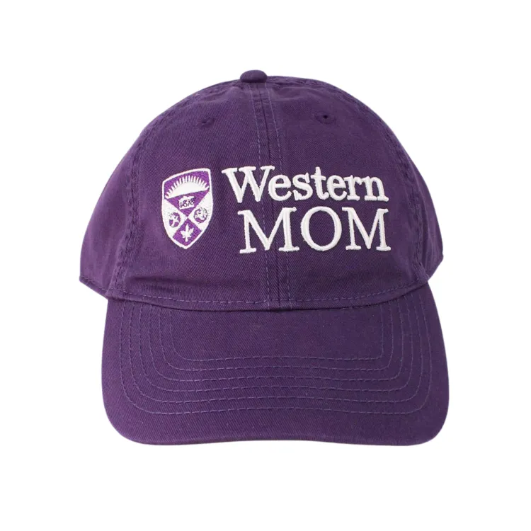 Purple hat with crest and raised 'Western Mom' embroidered in white and purple. Adjustable tuck strap with slide closure. One size.