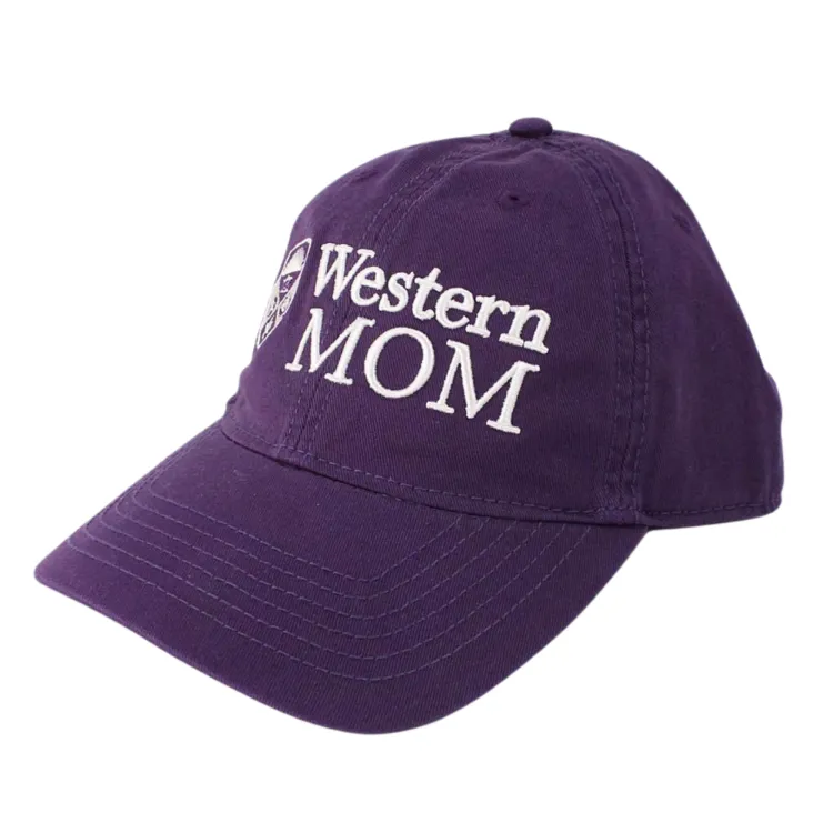 Purple hat with crest and raised 'Western Mom' embroidered in white and purple. Adjustable tuck strap with slide closure. One size.