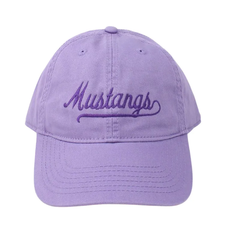 Lavender hat with script font 'Mustangs' embroidered in purple.  Adjustable tuck strap with slide closure. Made with 100% cotton. One size.
