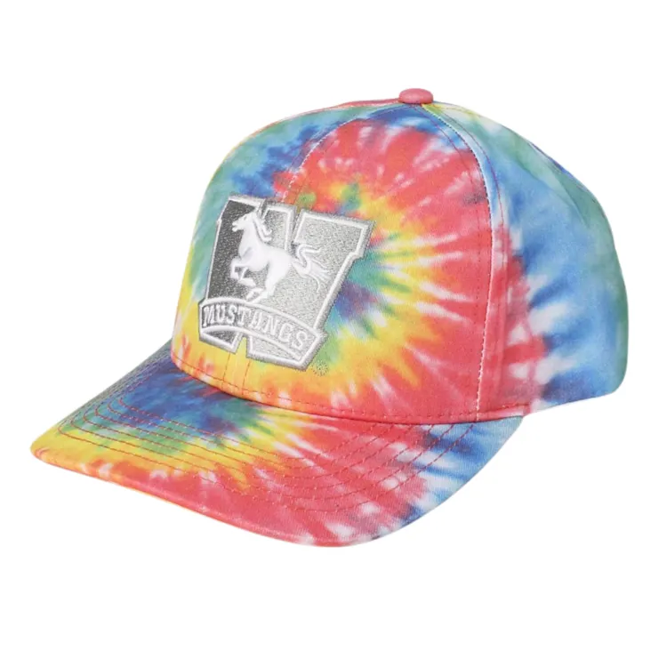 Tie Dye hat with plastic snap closure. Embroidered Mustangs logo in grey and white on front.