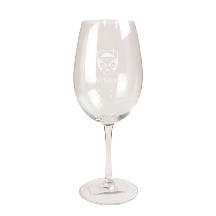 Amelie clear wine glass with stem. The Western Crest logo is engraved on the front. 19.5 oz capacity.