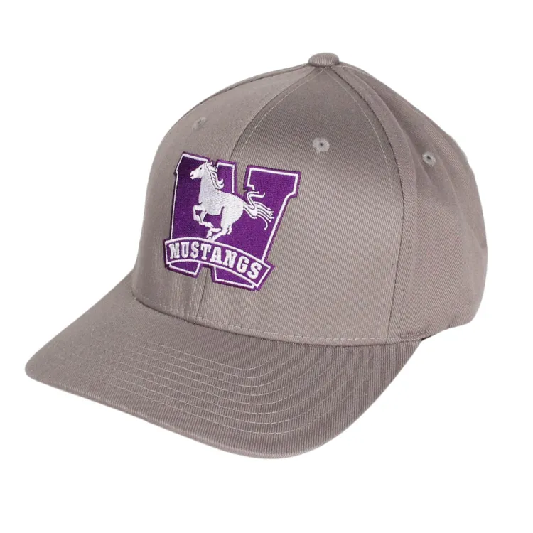 Grey flex fit cap. The Mustangs logo is embroidered on the front in purple and white.