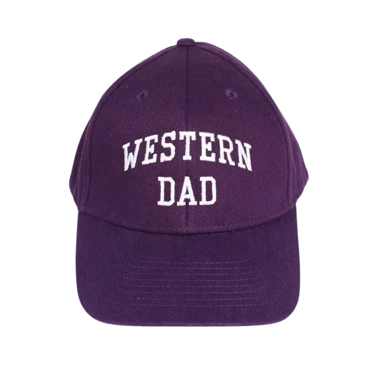 Purple hat with adjustable Velcro closure. 'Western Dad' embroidered on front in white. Made with 100% cotton. One size.