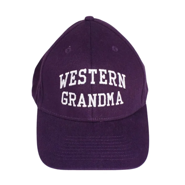 Purple hat with adjustable Velcro closure. 'Western Grandma' embroidered on front in white. Made with 100% cotton. One size.