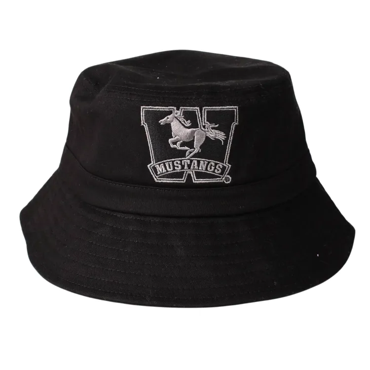Black bucket hat with adjustable drawstring and Western Mustangs logo embroidered on the front in black.