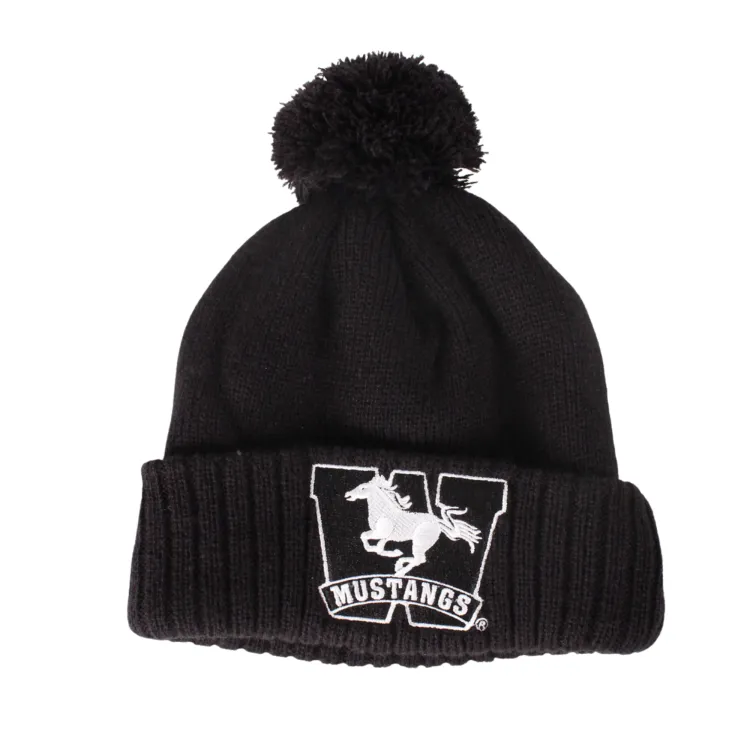 Black toque with a black pom pom. Embroidered Mustangs logo on the front.