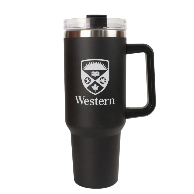 Black Glacier Peak Biggie tumbler with handle and straw lid. The Western Crest logo is engraved on the front. 