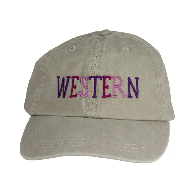 Beige stone pigment dyed vintage cap with "Western" embroidered on the front in various purple shades. One size.