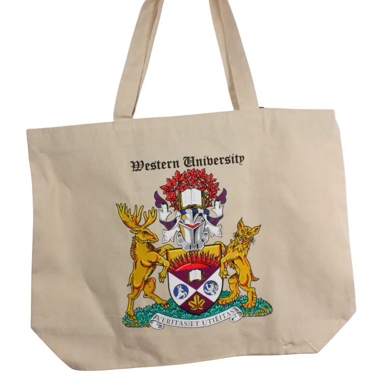 Beige tote with vintage Western crest and logo.