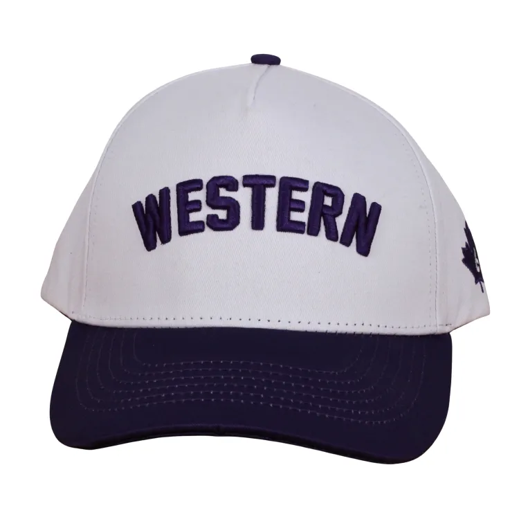 White and purple snap back cap with "Western" on the front.