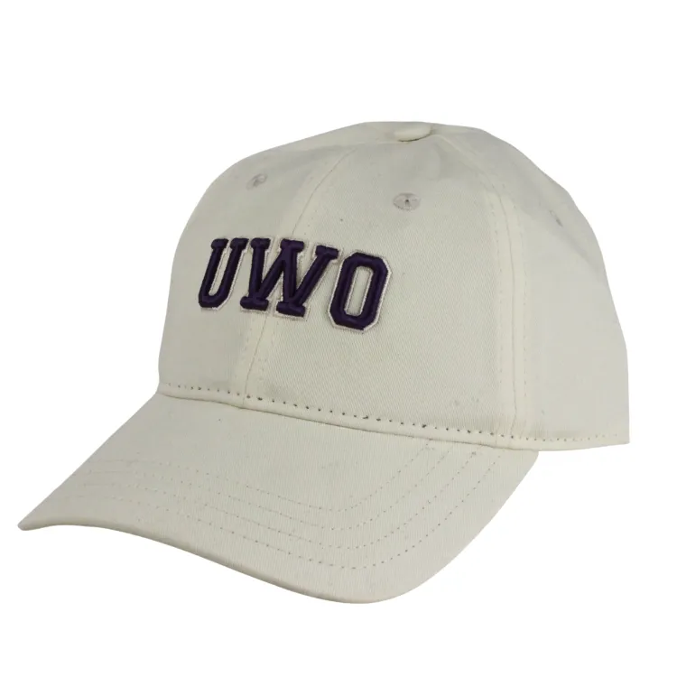 White adjustable cap with "UWO" embroidered on the front in purple. One size.