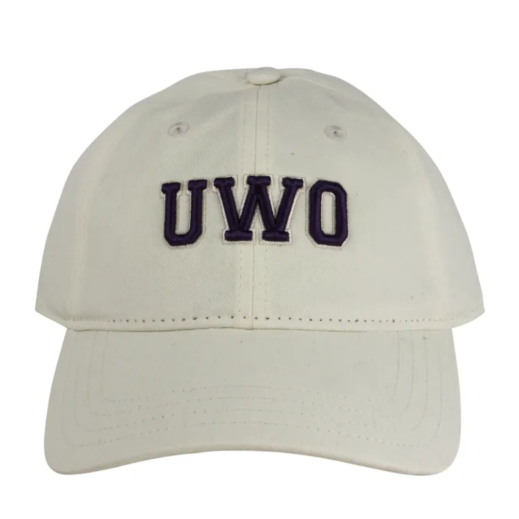 White adjustable cap with "UWO" embroidered on the front in purple. One size.