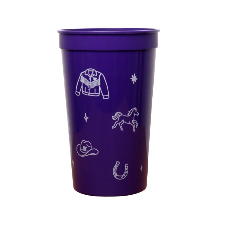Purple homecoming stadium cup with homecoming graphics printed around the cup.