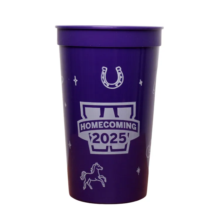Purple homecoming stadium cup with homecoming graphics printed around the cup.