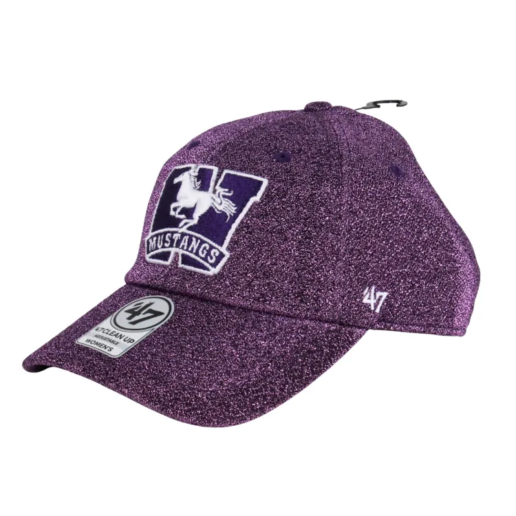 Purple sparkle cap with embroidered Mustangs logo on the front in purple and white. One size.