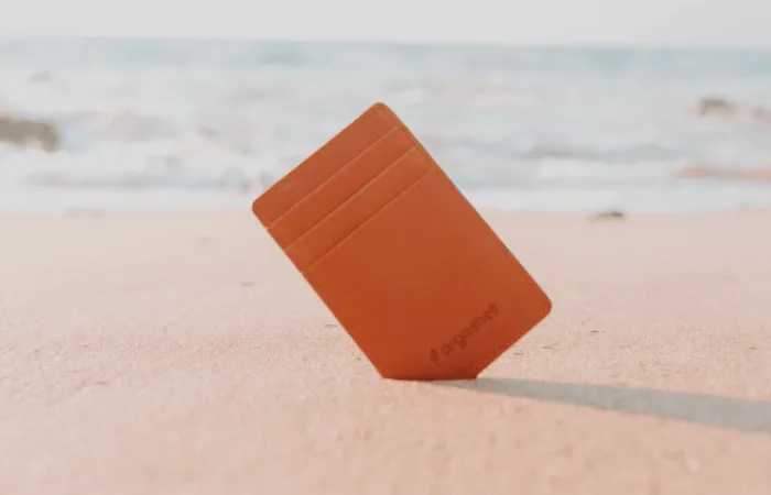Orgashell wallet propped up in sand at a beach
