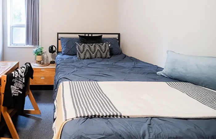 View of bed with pillows and throw blanket on top
