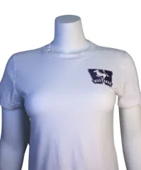 White bay tee style shirt with sparkly Western Mustangs logo on left upper breast.