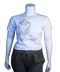 White tee with a cowboy boot graphic bedazzled with rhinestones.