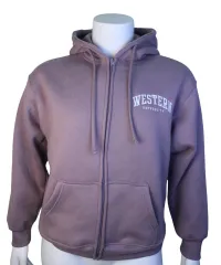 Mushroom purple full zip hood with Western University embroidered on the left chest.