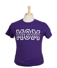 Purple tee with Western University Mom graphic printed on the front.