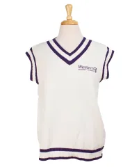 White knit vest with purple stripes. Western University and crest embroidered on the left chest.