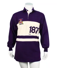 Vintage rugby dress with purple and white stripes and the vintage crest on the right chest. Est. 1878 on left bodice.