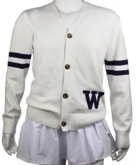 White cardigan with purple striped on the arms and the W on the left side.
