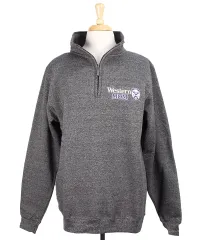 Charcoal pepper 1/4 zip with Western Mom embroidered on left chest.