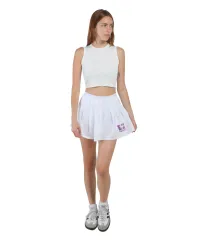 White skort with Mustang logo printed on the side.