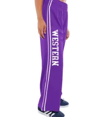 Western purple hoop pants with white stripes and Western script going down the side of the leg.