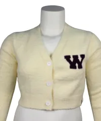 Fuzzy cream cropped cardigan with purple W on left chest.