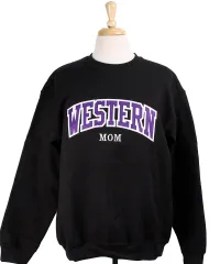 Black crewneck with large Western script across the chest and the word "Mom" centered underneath.