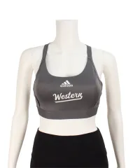 Grey Adidas sports bra. Front view.