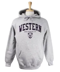 Grey hood with front pocket. 'Western' appliqued font in dark purple felt.  'University' and crest embroidered in white and purple. 