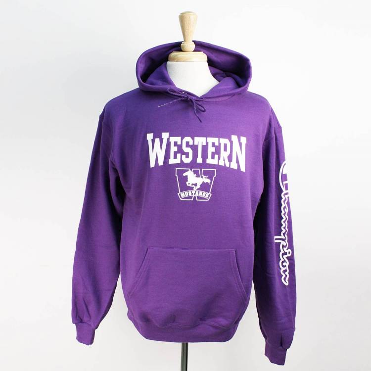 Purple Western Mustangs Champion Hood Dellelce Family Bookstore